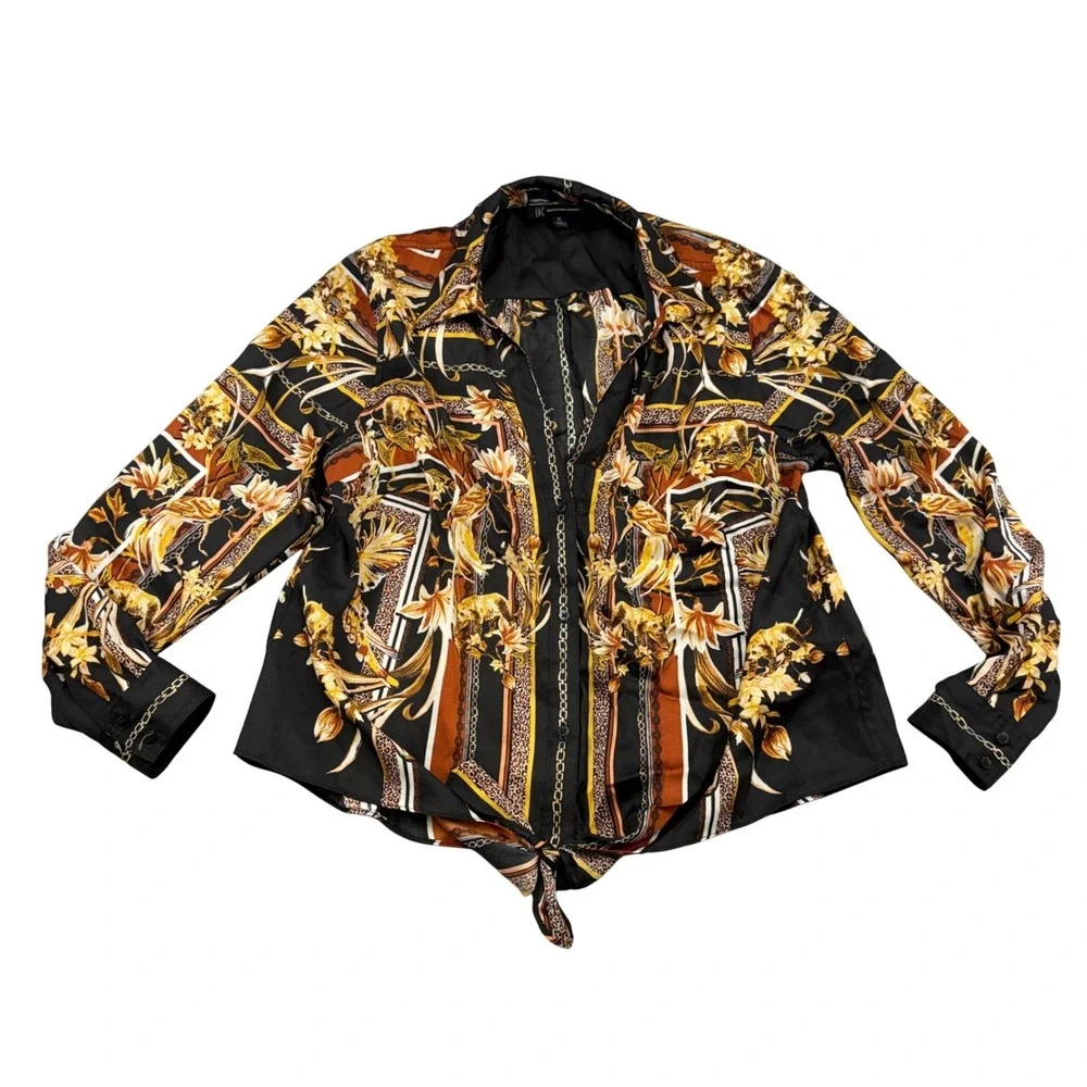 INC International Concepts Womens 0X Black Gold Scarf Print Tie Front Blouse Top
